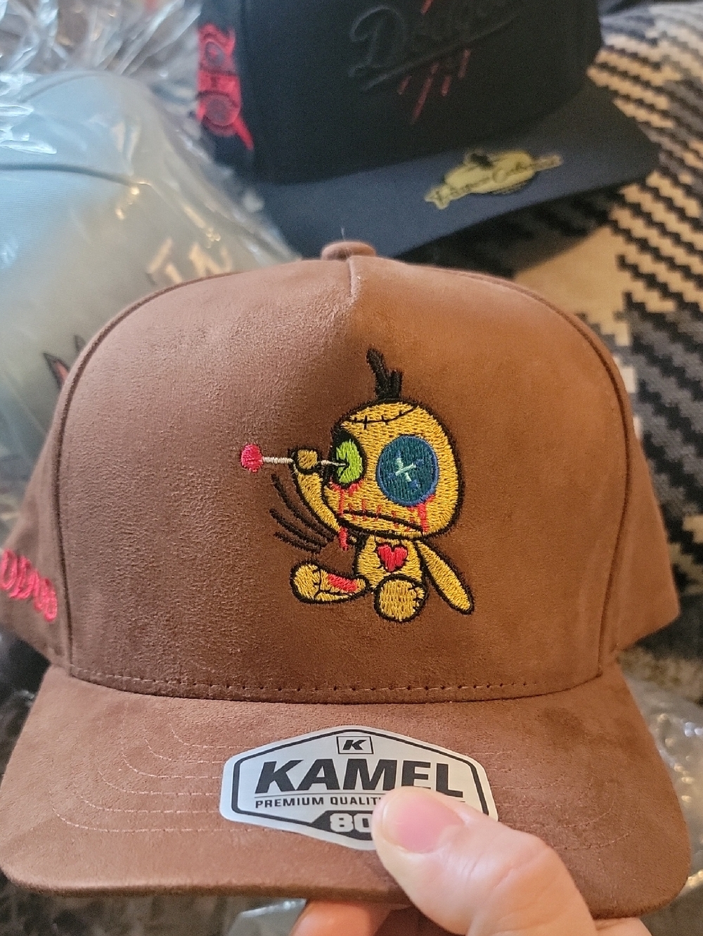 Men Brown Embroidered Plush Cap with Yellow Character